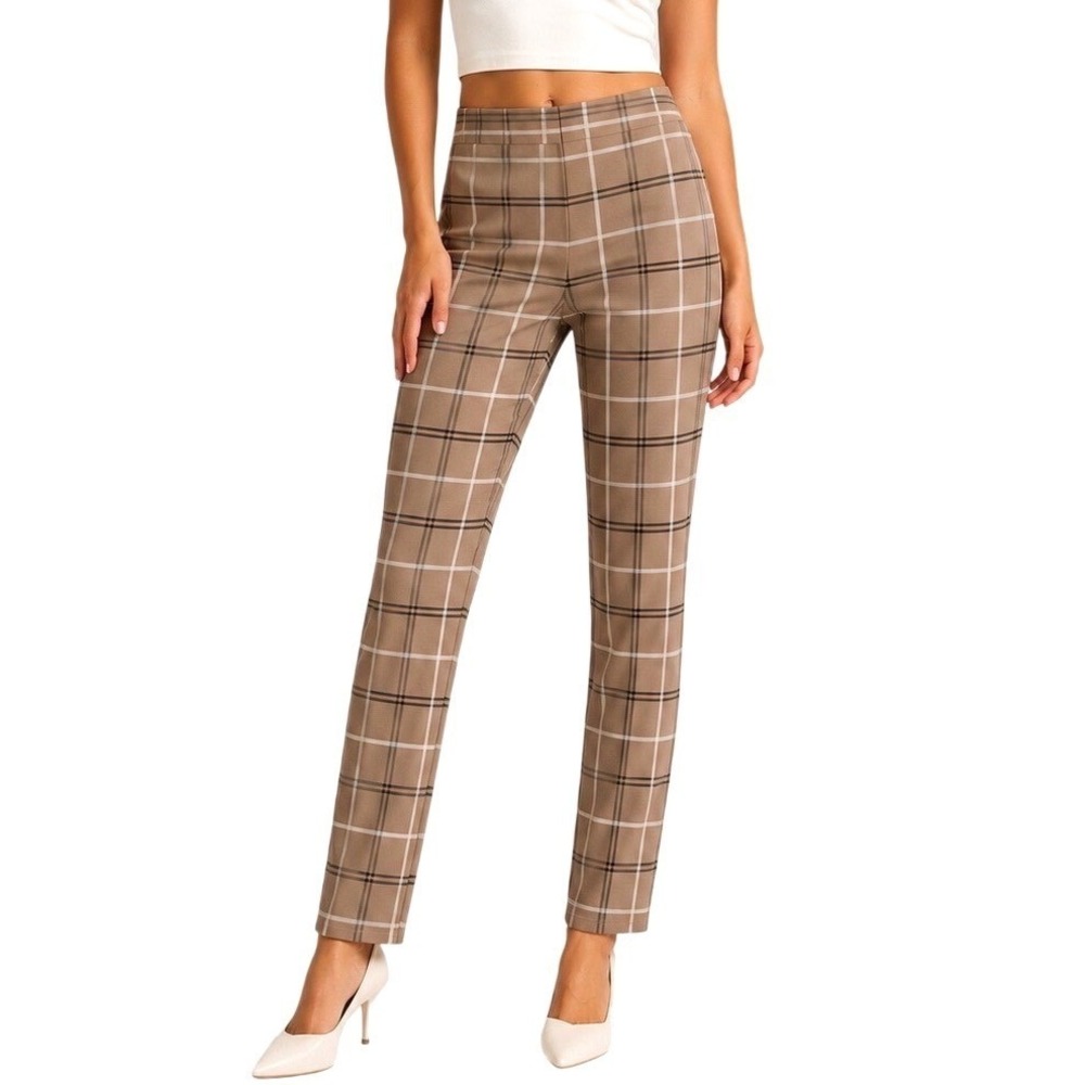 NYDJ Women LUX SLIM Tan Plaid Slim Leg Pull On Trousers XL Ponte Knit Stretch